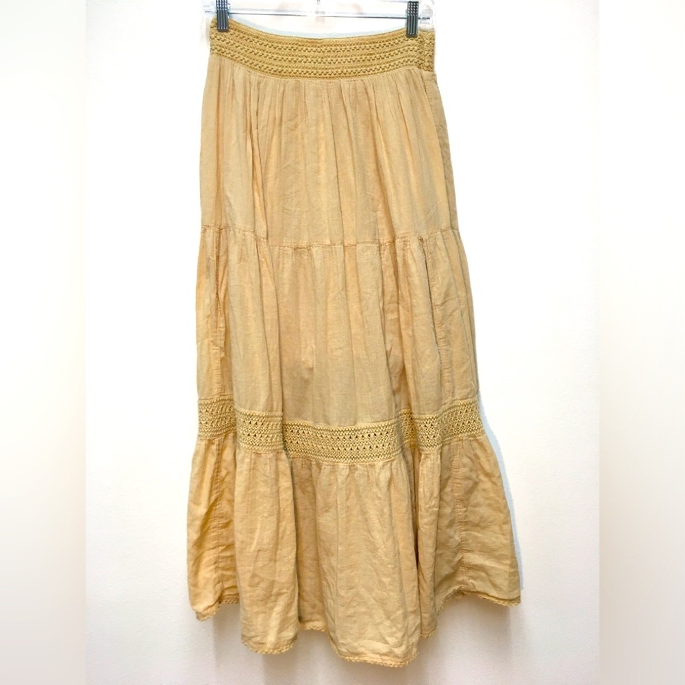 Aerie Tiered Crochet Maxi Skirt Large Tan 100% Cotton Boho Festival Vacation